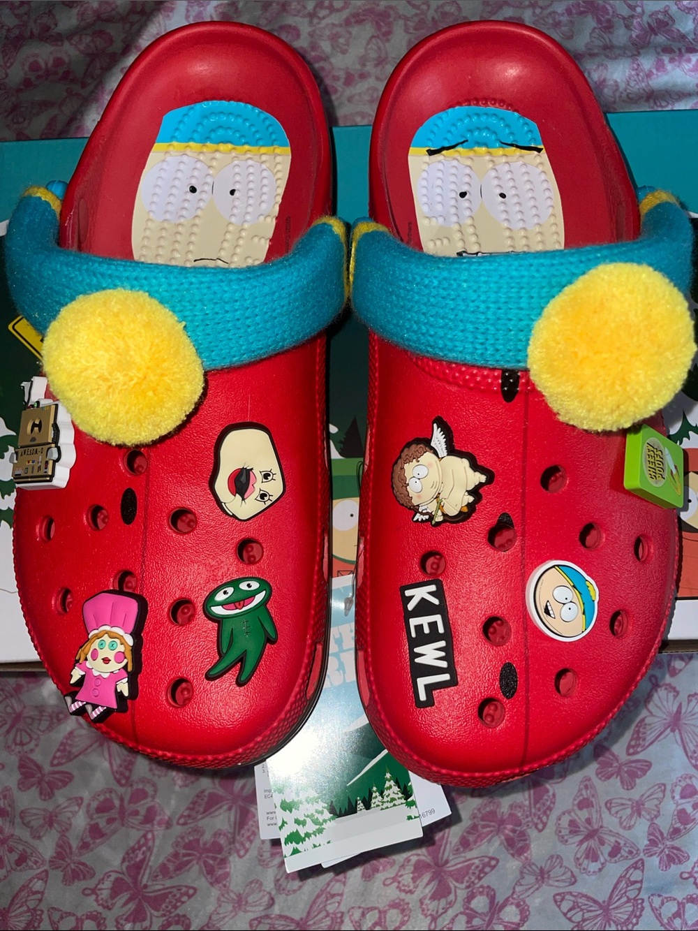 CROCS Red Slip-On Clogs with Teal Strap and Yellow Pom-Poms